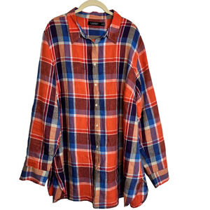 Lauren Ralph Lauren 100% Linen Blouse 2X Orange Blue Plaid Long Sleeve Button Up